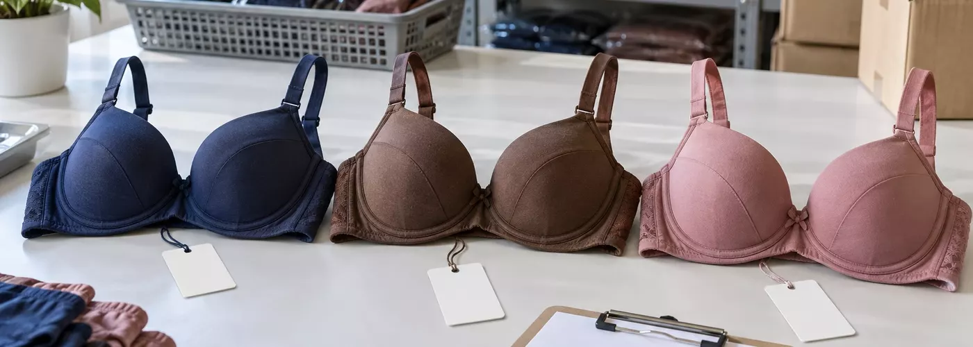 Tiga bra disusun terpisah dengan label stok kosong