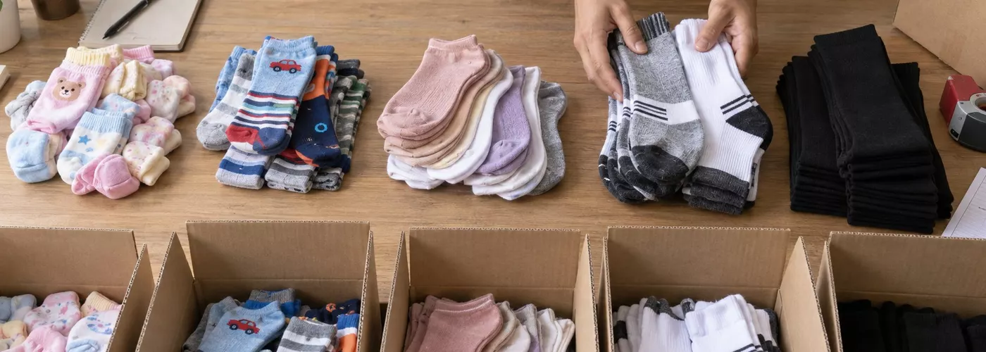 Kaos kaki bayi, anak, wanita, pria, dan sekolah dipisahkan di meja packing