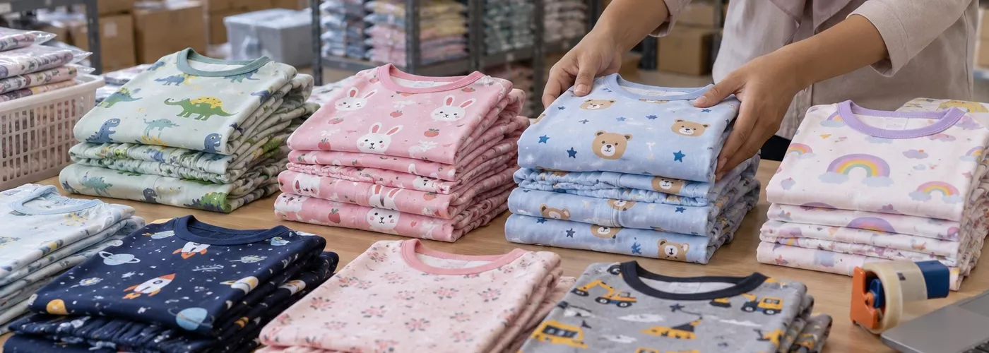 Ilustrasi penataan set pakaian anak menurut nomor model untuk stok toko