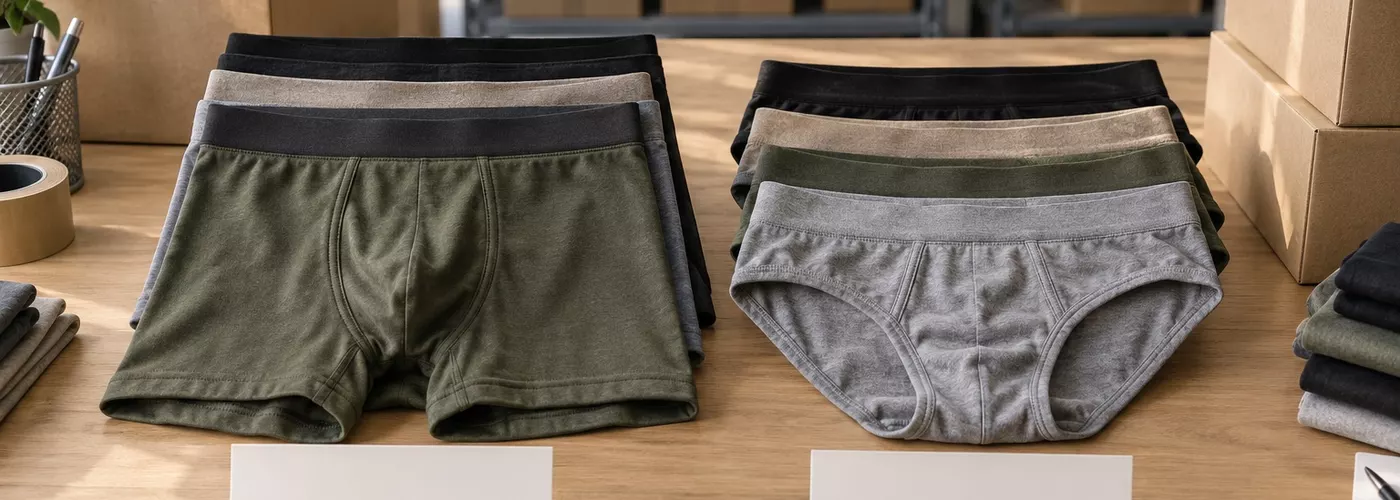 Boxer dan brief pria disusun dalam dua kelompok stok