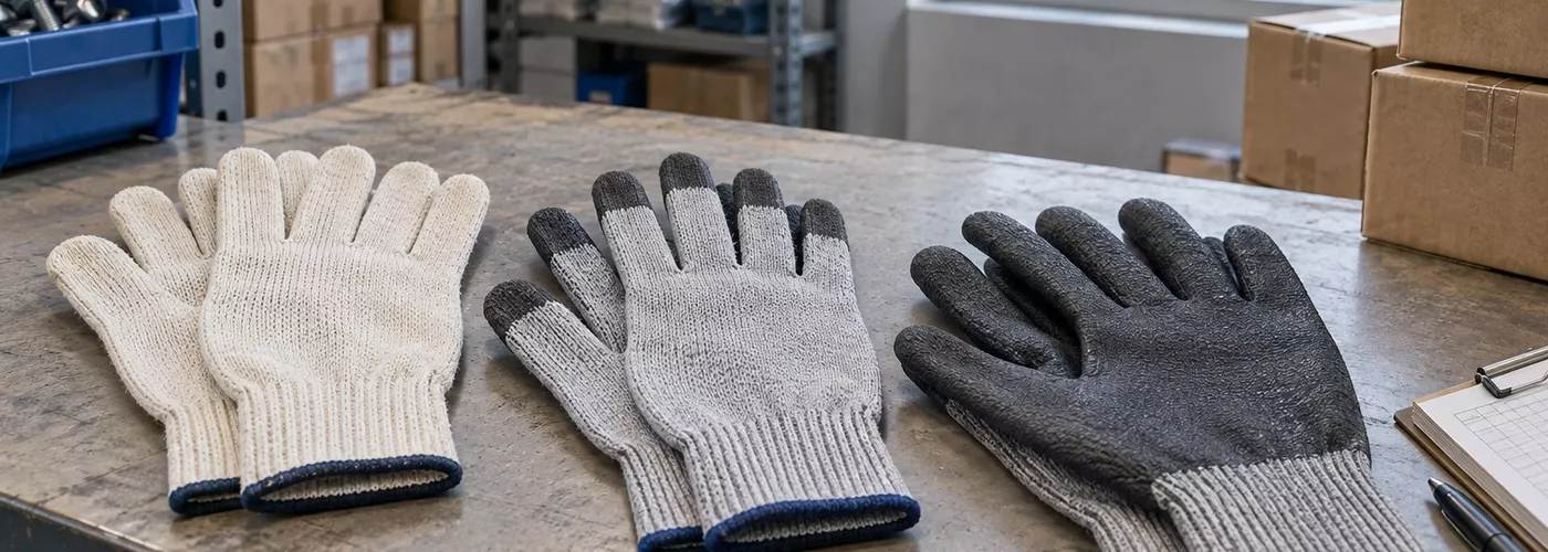 Tiga jenis sarung tangan kerja ditata di meja pemeriksaan stok