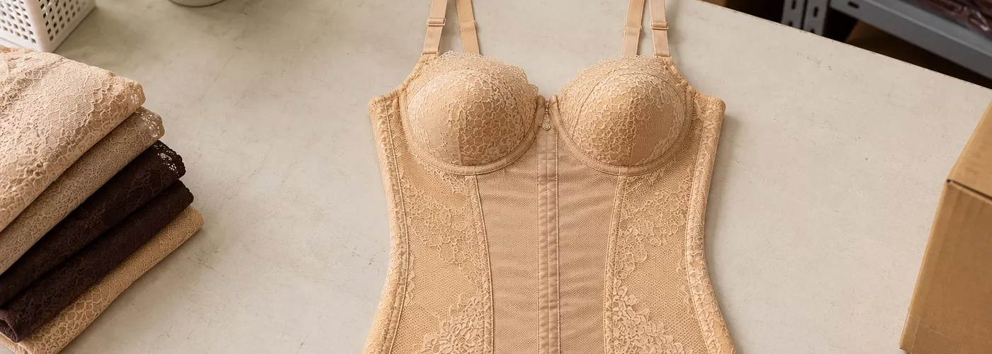 Ilustrasi torso warna krem dengan cup dan panel renda di meja stok