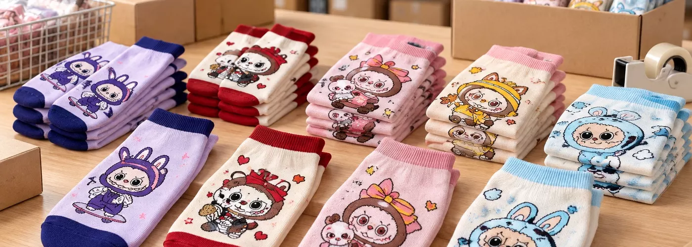 Ilustrasi beberapa pasang kaos kaki motif anak di meja stok