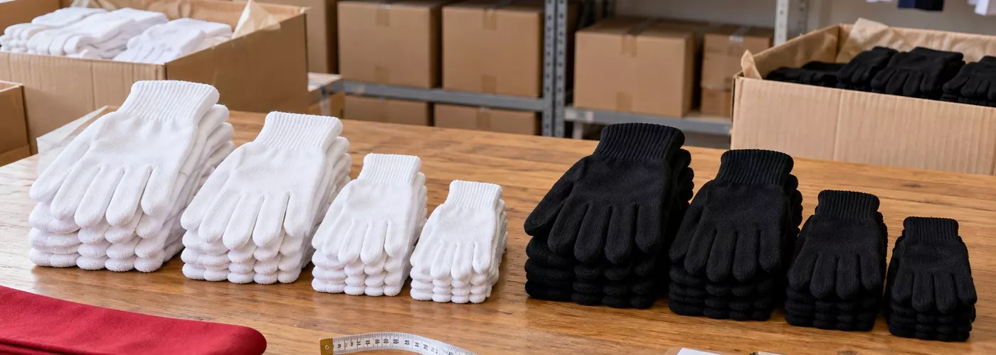 Sarung tangan paskibra putih dan hitam dikelompokkan berdasarkan ukuran di meja gudang
