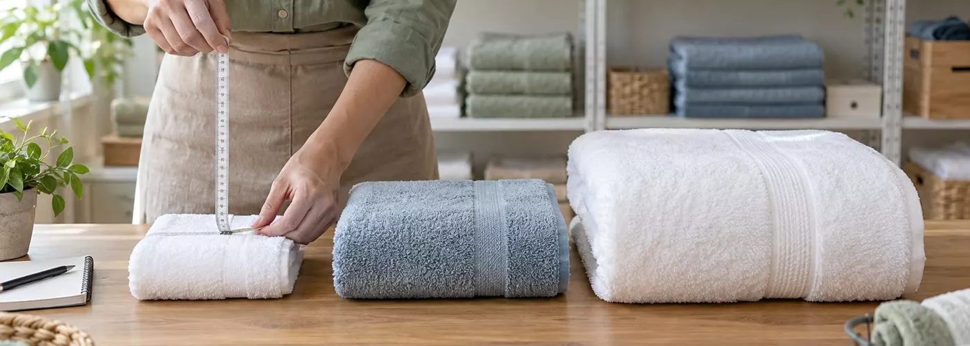 Tiga ukuran handuk dibandingkan dengan pita ukur di meja stok