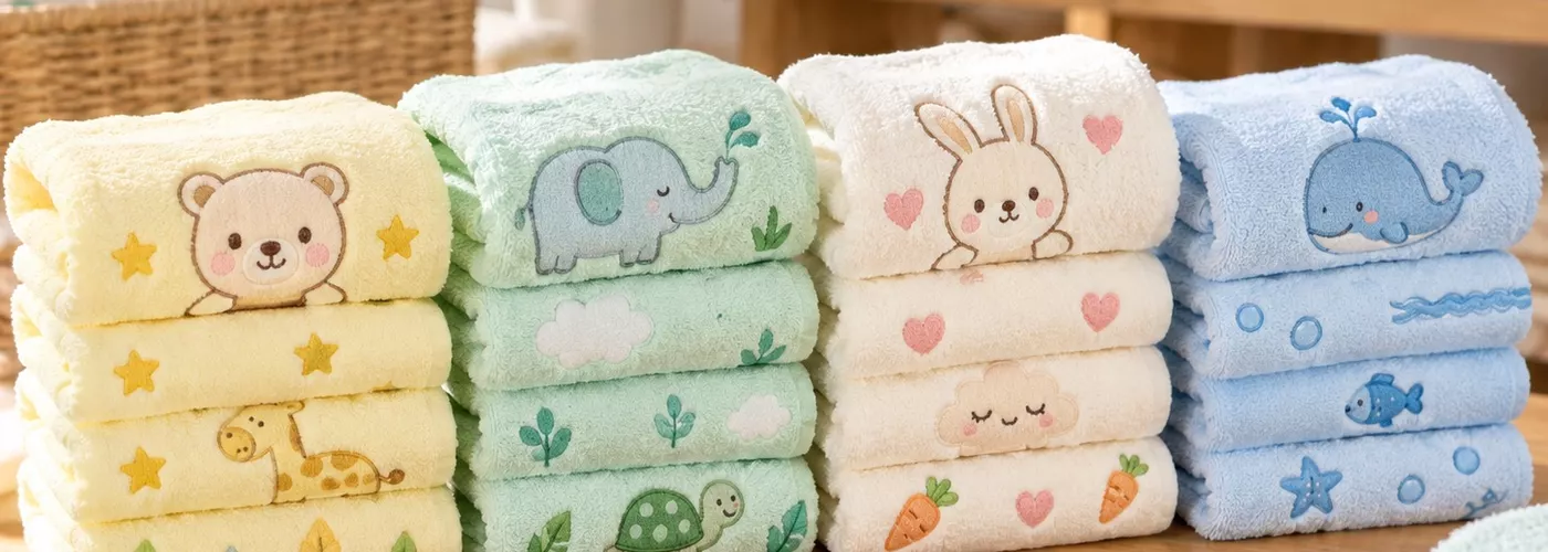 Ilustrasi handuk karakter anak warna pastel tersusun di meja stok