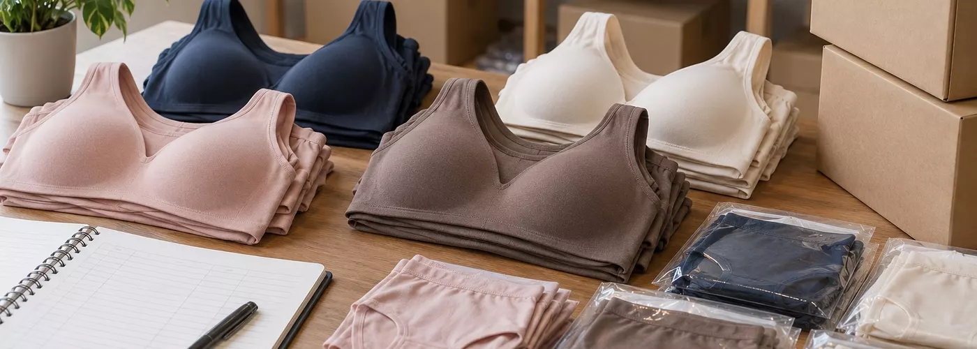 Bra dan celana dalam wanita disusun terpisah di meja stok toko