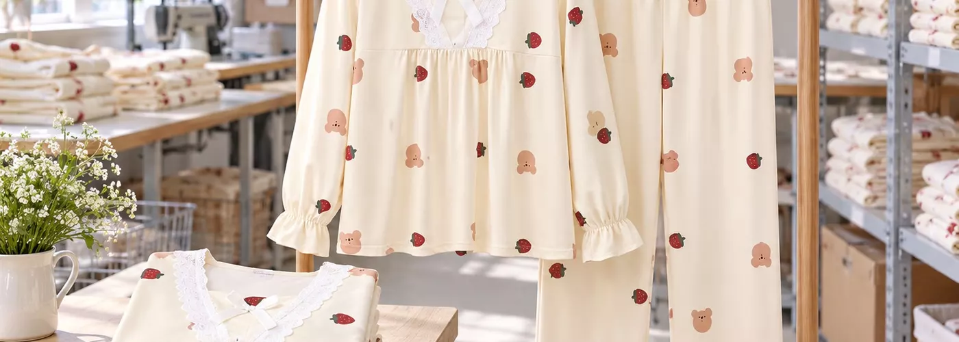 Ilustrasi satu set piyama wanita krem dengan motif kecil