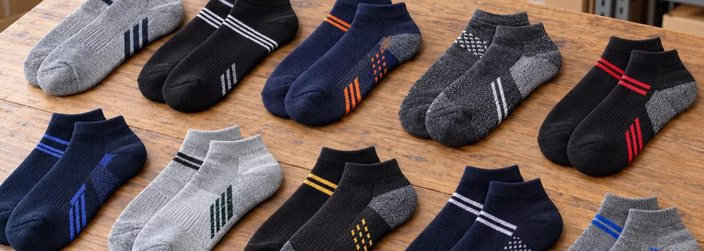 Ilustrasi kaos kaki pendek bermotif tersusun per pasang