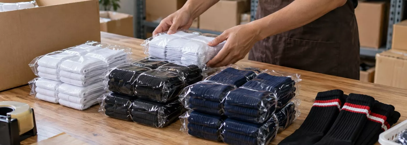 Bundel kaos kaki putih, hitam, dan navy sedang disiapkan di meja gudang