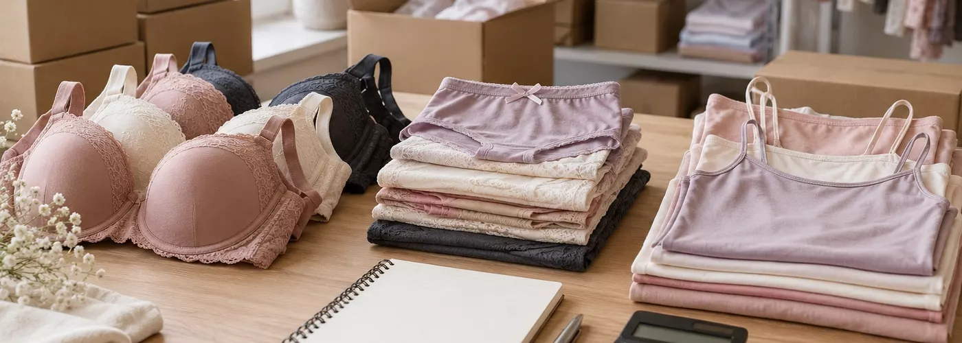 Bra, celana dalam, dan camisole dipisahkan di meja perencanaan stok