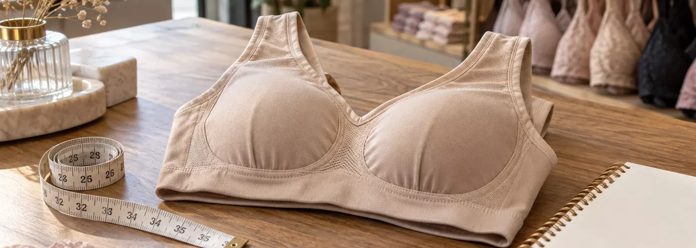 Ilustrasi bra wireless dan pita ukur di meja toko