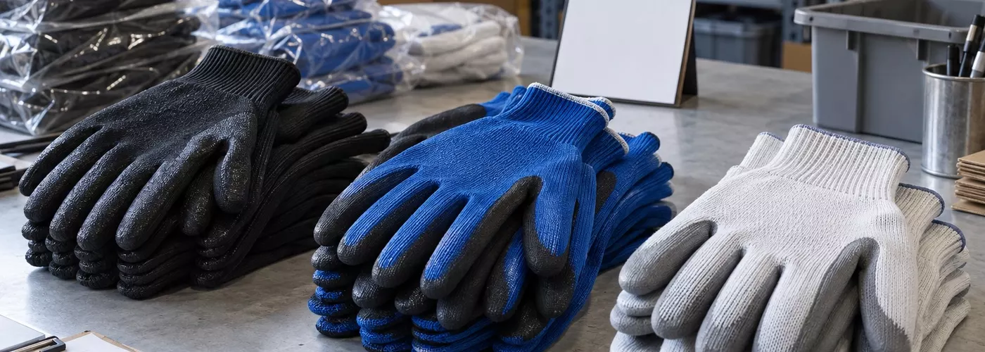 Sarung tangan kerja hitam, biru, dan putih disusun menurut kelompok stok