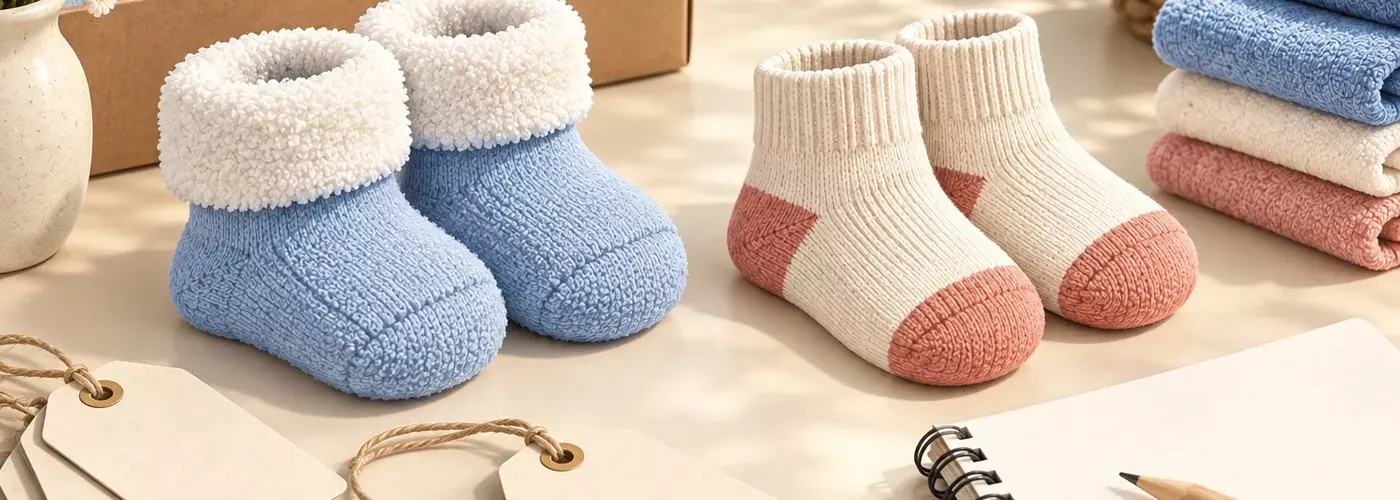 Ilustrasi bergaya foto kaos kaki bayi model terry dan boneka