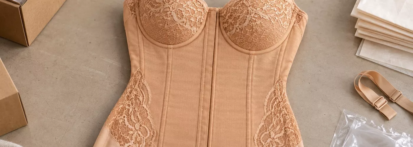 Ilustrasi torso warna krem dengan cup dan panel samping renda