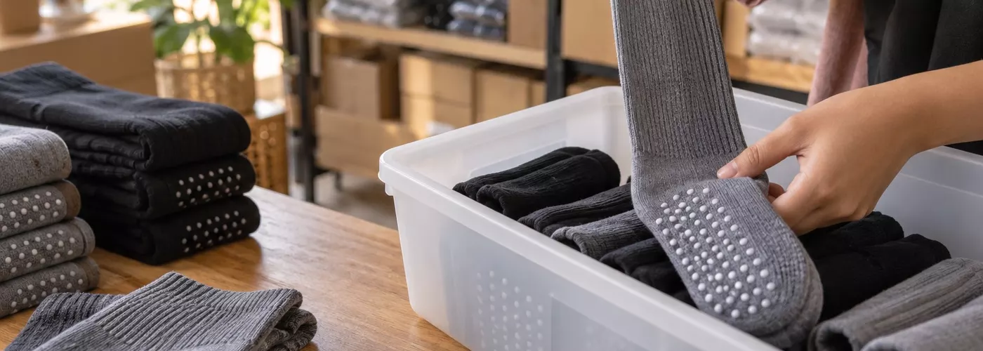 Ilustrasi pemeriksaan kaos kaki panjang dengan pola anti slip pada telapak