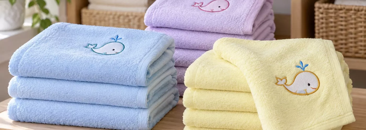 Ilustrasi handuk bayi warna pastel dengan bordir kecil