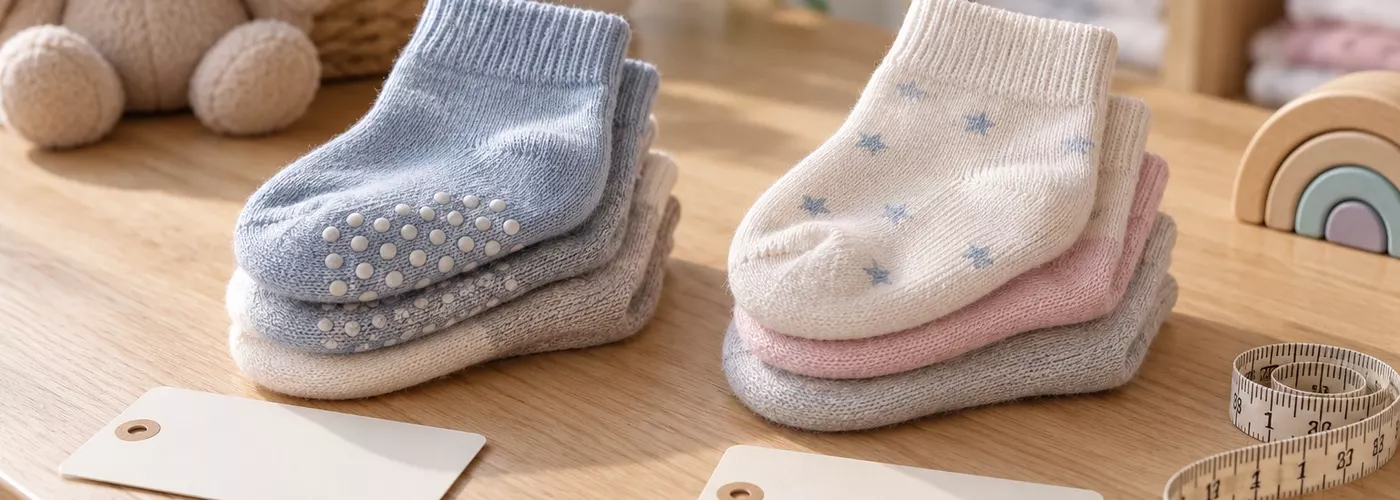Ilustrasi dua model kaos kaki bayi, salah satunya memiliki titik anti selip