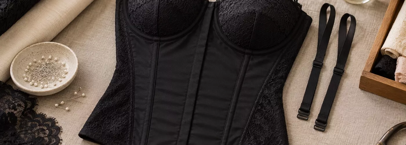 Ilustrasi torso hitam dengan cup berenda di meja tekstil