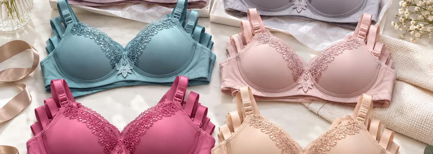 Ilustrasi bra berenda dalam beberapa warna di meja stok