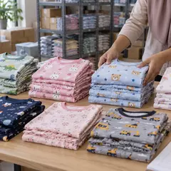 Ilustrasi penataan set pakaian anak menurut nomor model untuk stok toko