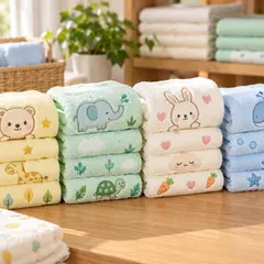 Ilustrasi handuk karakter anak warna pastel tersusun di meja stok
