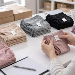 Ilustrasi pengecekan ukuran celana dalam wanita di meja stok