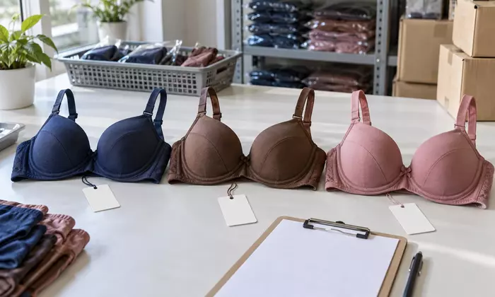 Tiga bra disusun terpisah dengan label stok kosong