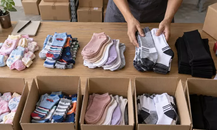 Kaos kaki bayi, anak, wanita, pria, dan sekolah dipisahkan di meja packing