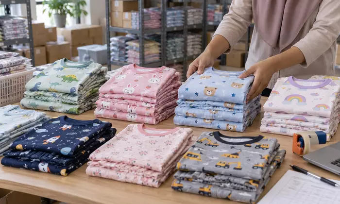 Ilustrasi penataan set pakaian anak menurut nomor model untuk stok toko