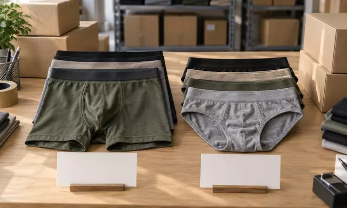 Boxer dan brief pria disusun dalam dua kelompok stok