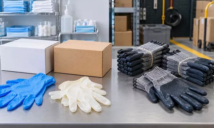 Sarung tangan nitrile dan latex sekali pakai dipisahkan dari sarung tangan kerja berlapis nitrile
