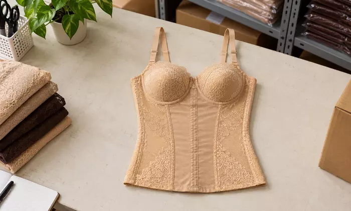 Ilustrasi torso warna krem dengan cup dan panel renda di meja stok