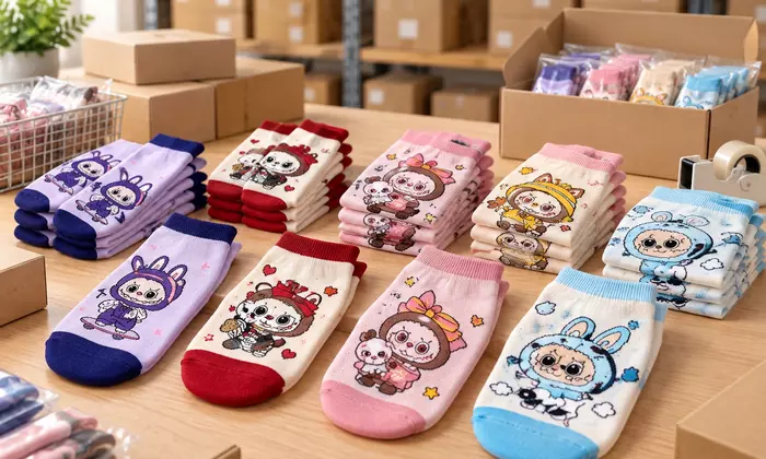 Ilustrasi beberapa pasang kaos kaki motif anak di meja stok