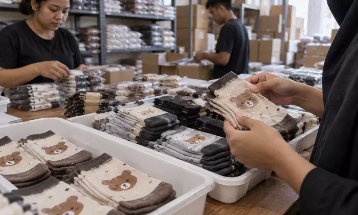 Ilustrasi penataan kaos kaki motif beruang menurut pasangan