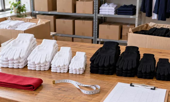 Sarung tangan paskibra putih dan hitam dikelompokkan berdasarkan ukuran di meja gudang