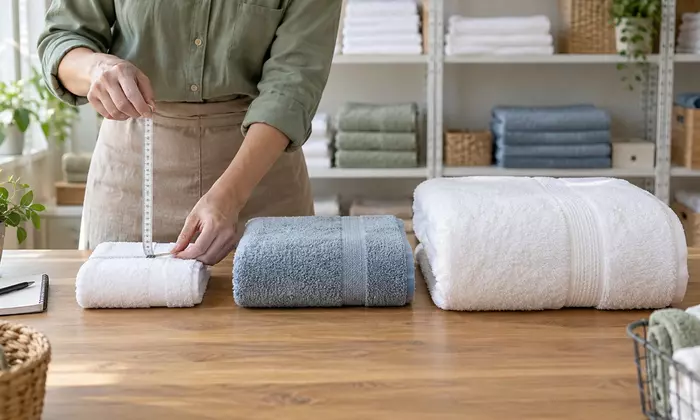 Tiga ukuran handuk dibandingkan dengan pita ukur di meja stok