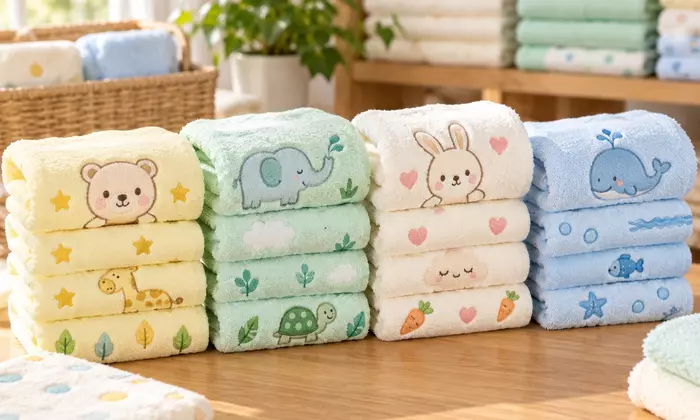 Ilustrasi handuk karakter anak warna pastel tersusun di meja stok