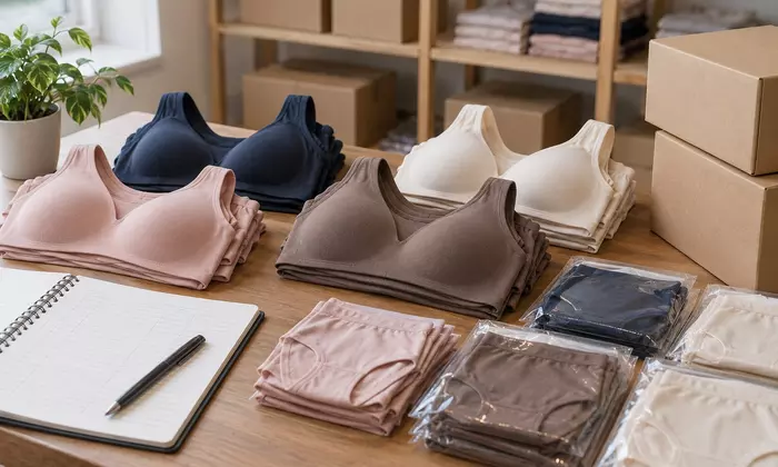 Bra dan celana dalam wanita disusun terpisah di meja stok toko
