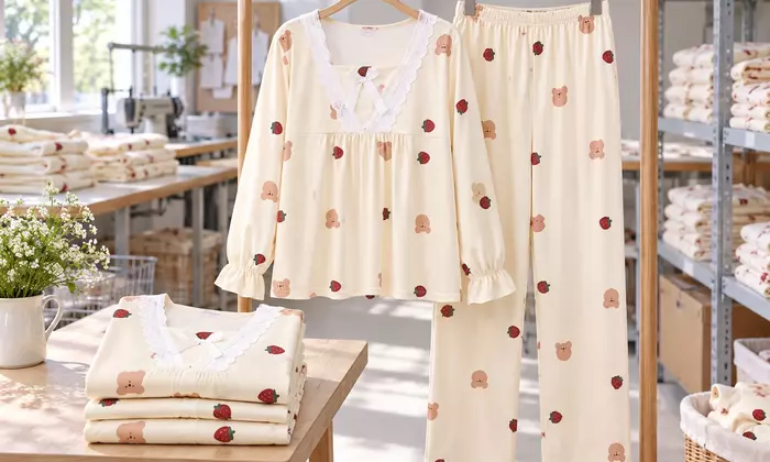 Ilustrasi satu set piyama wanita krem dengan motif kecil