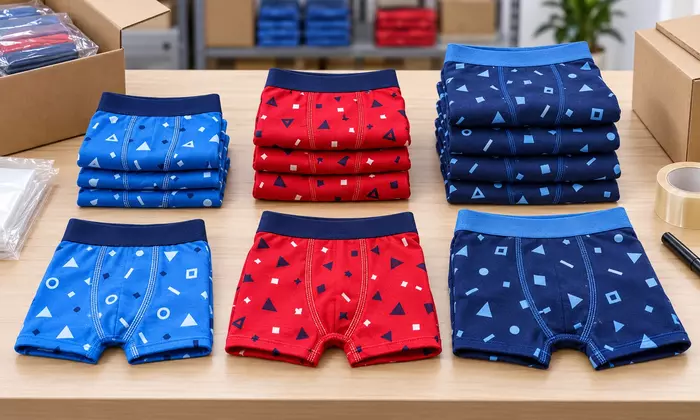 Ilustrasi boxer anak laki-laki warna merah dan biru yang dikelompokkan