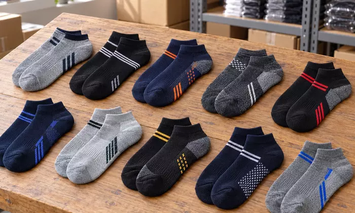 Ilustrasi kaos kaki pendek bermotif tersusun per pasang