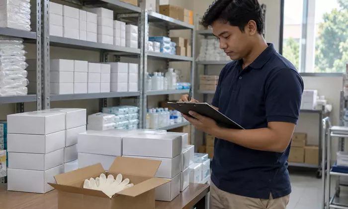 Ilustrasi pengecekan jumlah box sarung tangan latex di ruang stok