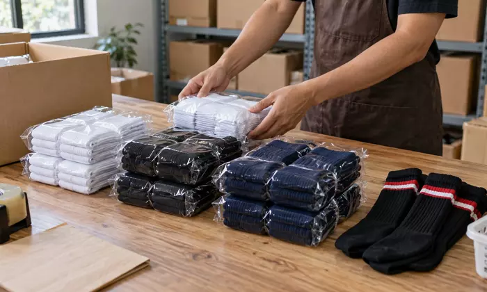 Bundel kaos kaki putih, hitam, dan navy sedang disiapkan di meja gudang