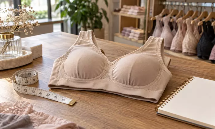 Ilustrasi bra wireless dan pita ukur di meja toko