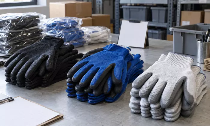 Sarung tangan kerja hitam, biru, dan putih disusun menurut kelompok stok