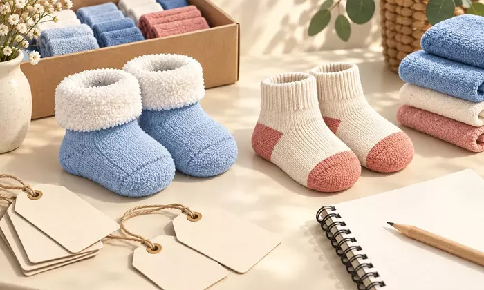 Ilustrasi bergaya foto kaos kaki bayi model terry dan boneka