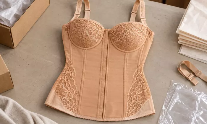 Ilustrasi torso warna krem dengan cup dan panel samping renda