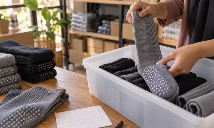 Ilustrasi pemeriksaan kaos kaki panjang dengan pola anti slip pada telapak