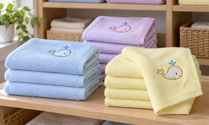Ilustrasi handuk bayi warna pastel dengan bordir kecil